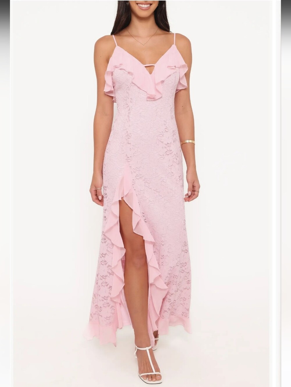 Petal & Pup Soft Pink Lace Ruffle Maxi Dress with Adjustable straps size XS NWTS